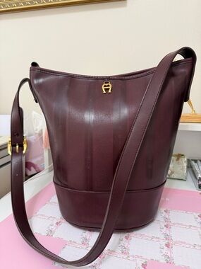 Etienne Aigner Plum burgundy Bucket Shoulder Bag with Gold Accent